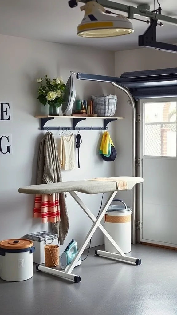 A stylish laundry space featuring an ironing board, storage baskets, and decorative flowers.