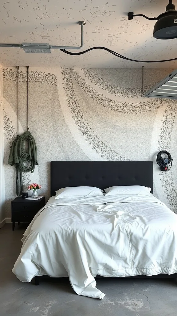 A stylish garage bedroom featuring textured walls with a unique pattern, a black bedframe, and minimalist decor.