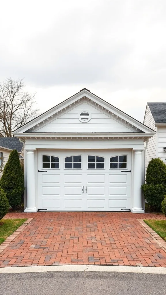 Traditional Colonial style detached garage with white siding and brick paver driveway.