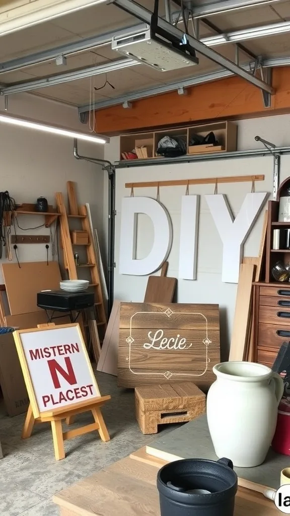 A garage workshop filled with various DIY materials and decor items.