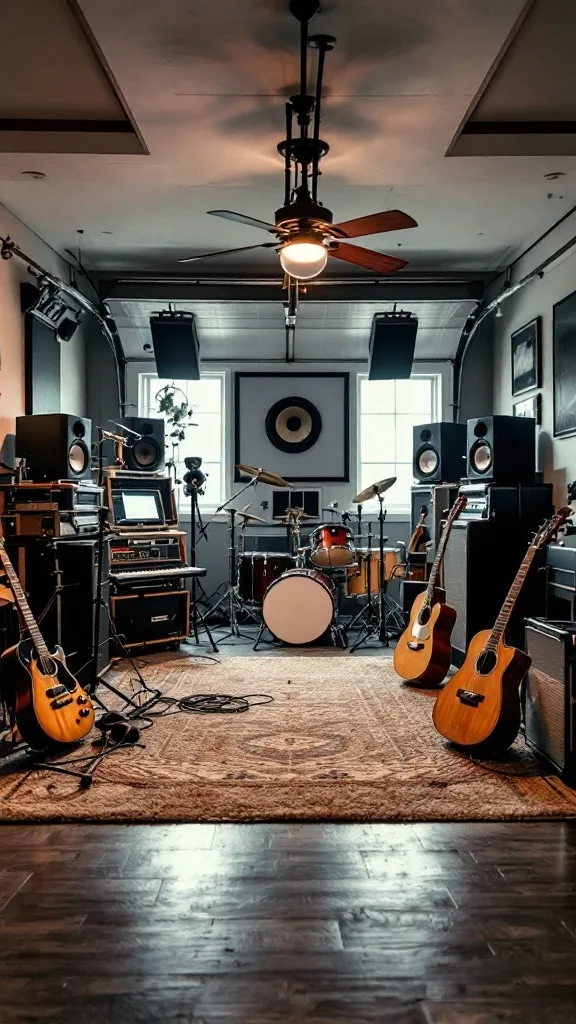 A stylish music studio with guitars, drums, and speakers set up for jamming.