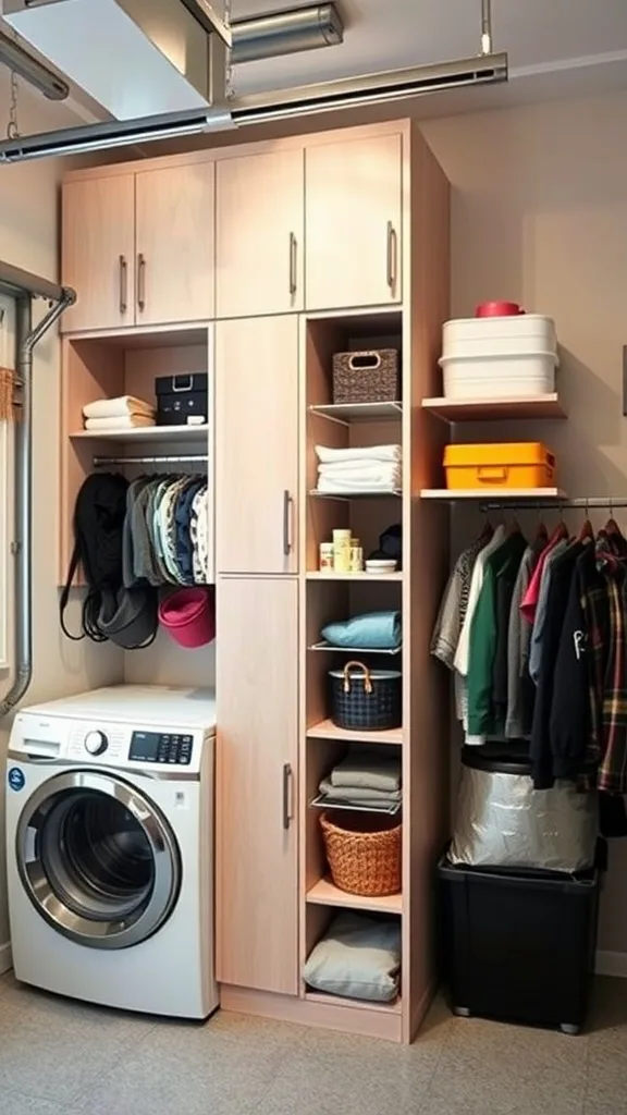 A garage laundry room featuring tall cabinets, shelves, and organized storage baskets.