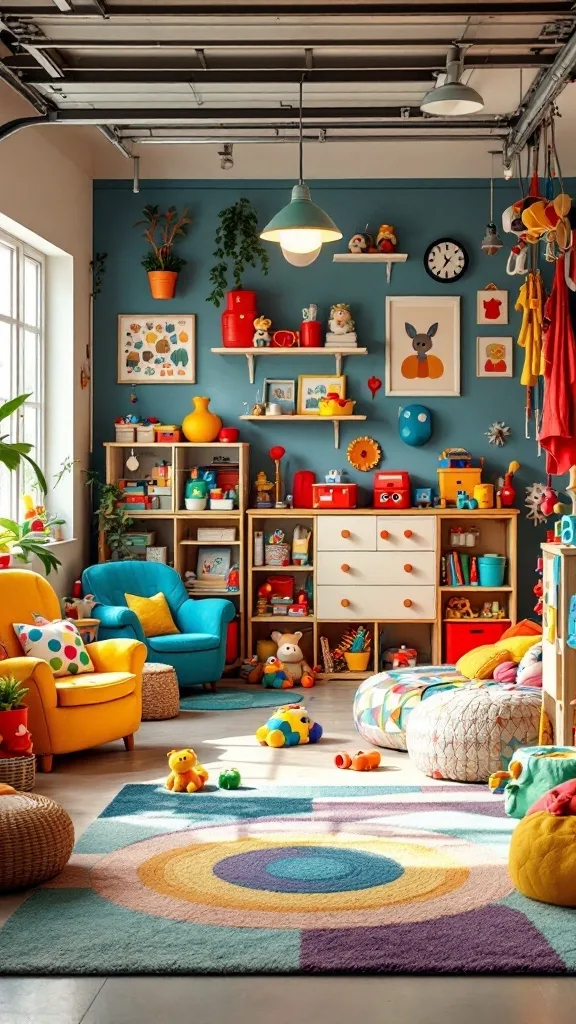 A vibrant kids' playroom filled with colorful furniture, toys, and decor.