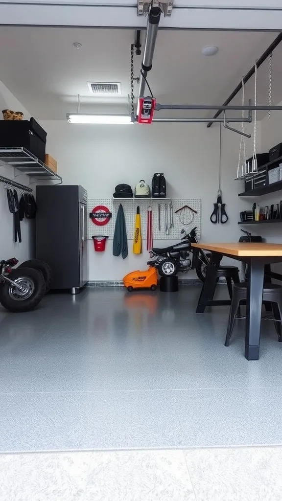 A well-organized garage with vinyl flooring and storage shelves.