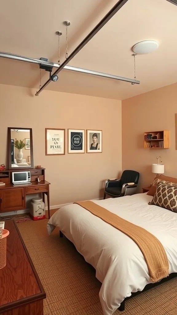 A warm-toned French bedroom featuring beige walls, a cozy bed with a throw, wooden furniture, and decorative art.