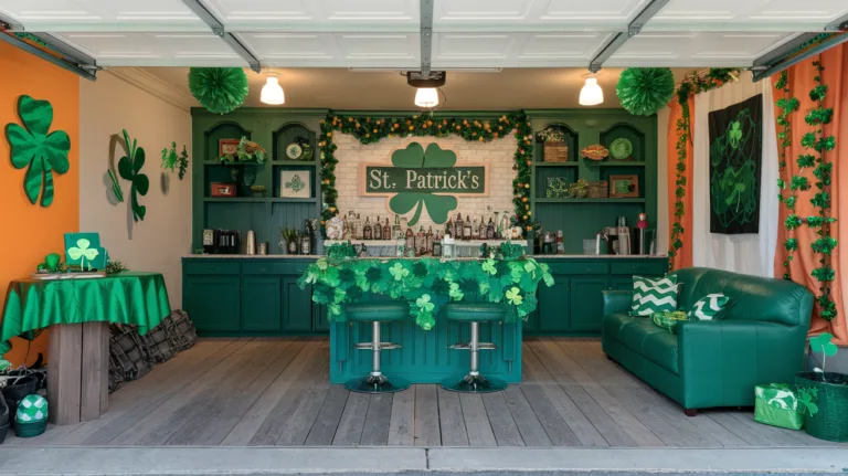 A photo of a garage conversion into a St. Patrick's Day themed bar. There are green and orange decorations, a shamrock sign, and a green couch. There is a table with a green tablecloth and shamrock decorations. There are also some items on the green shelves. The floor is made of wooden planks.