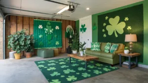 A photo of a garage conversion into a St. Patrick's Day themed space. There's a green couch, a shamrock-patterned rug, and a green wall with shamrocks. There's also a wooden coffee table, a potted plant, and a lamp. The floor is concrete. The lighting is bright.