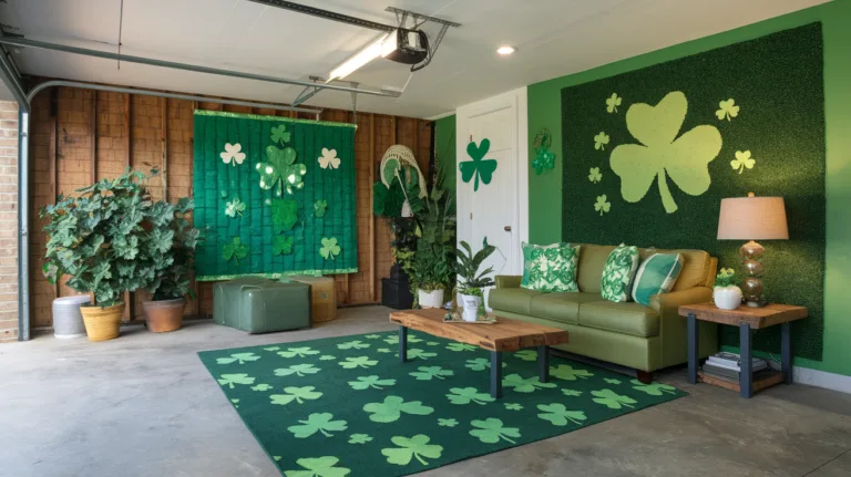 A photo of a garage conversion into a St. Patrick's Day themed space. There's a green couch, a shamrock-patterned rug, and a green wall with shamrocks. There's also a wooden coffee table, a potted plant, and a lamp. The floor is concrete. The lighting is bright.