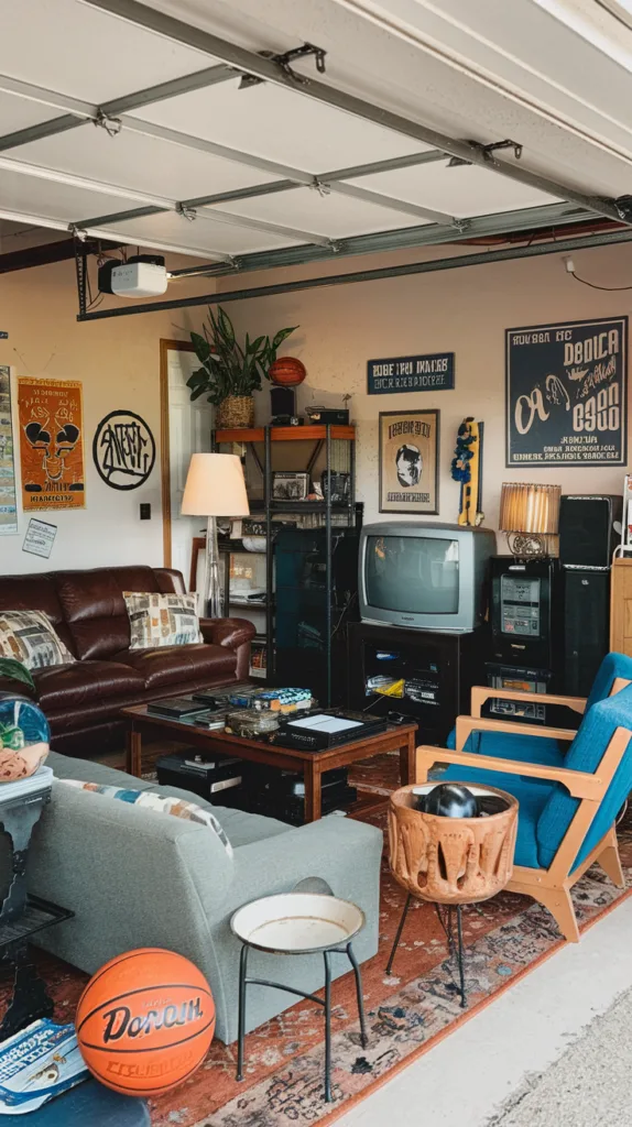 A photo of a man cave in a garage from the 1990s. There's a sofa, a few chairs, a coffee table, and a television. There are also various items such as a lamp, a plant, and a basketball. The walls have some decorations, including a poster and a sign. The floor is covered with a rug.