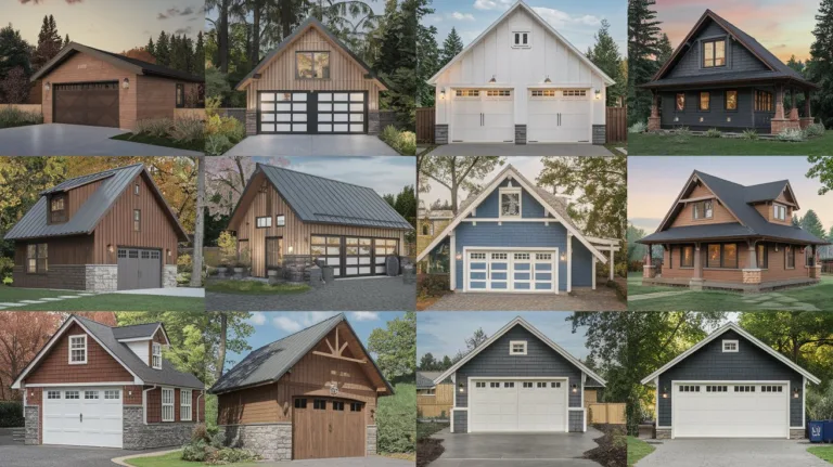 A photo of 20 garage designs in different architectural styles. There are modern, contemporary, traditional, rustic, and craftsman styles. The garages have various materials, such as wood, steel, and brick. Some have pitched roofs, while others have flat roofs. Some are attached to the house, while others are detached. The garages are in a suburban neighborhood with lush greenery.