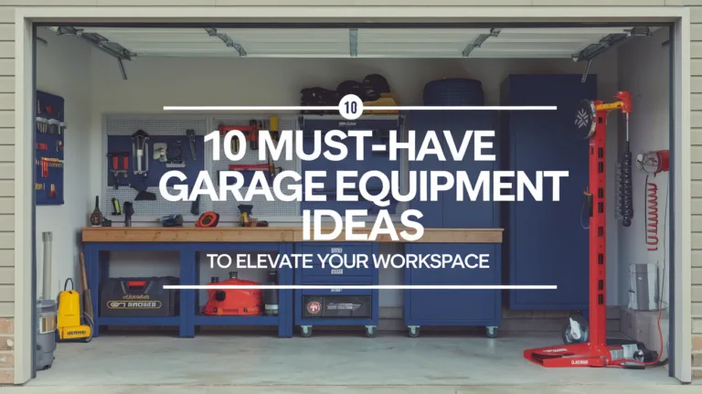 A blog post image with the text "10 Must-Have Garage Equipment Ideas to Elevate Your Workspace". There's an image of a garage with various equipment, including a workbench, tool rack, air compressor, and floor jack. The garage has a painted wall and the floor is made of concrete.