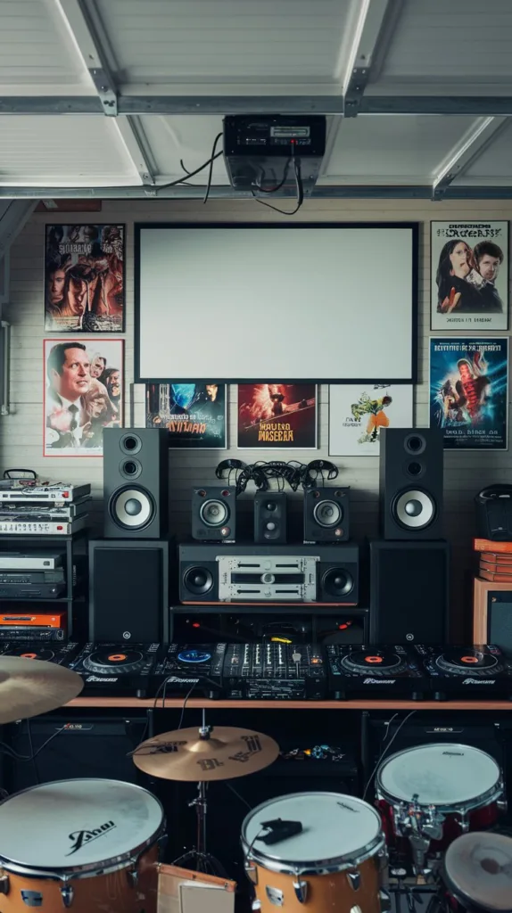 A cinematic medium shot of a garage filled with entertainment and technology equipment. There's a projection screen on the wall and several movie posters. There's a video game console with multiple controllers. There's a sound system with multiple speakers. There's a DJ setup with turntables and a mixer. There's a drum set.