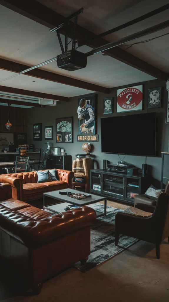 A cozy and masculine living space in a garage. There's a comfortable leather sofa, a sleek coffee table, and a few chairs. The walls are decorated with sports memorabilia. There's a large screen TV mounted on the wall. The lighting is dim.