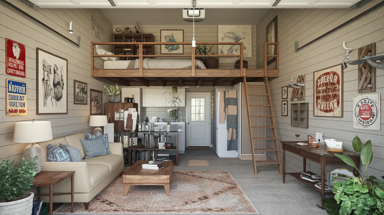 A garage apartment with a rustic charm. There's a living area with a sofa, a coffee table, and a bookshelf. A wooden ladder leads to a loft with a bed. The walls are adorned with vintage signs and a few pieces of artwork. The floor is covered with a rug. A wooden table with a few items sits near the wall. The room has a few potted plants.