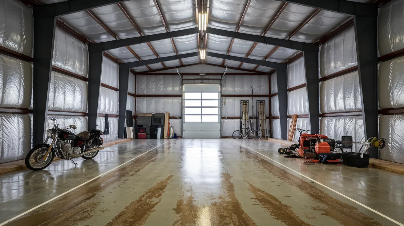 A garage floor idea for a steel building. The floor is made of concrete and has a few stains. There are some tools and equipment parked on the floor, including a motorcycle, a bicycle, and a lawnmower. The walls are made of steel and have insulation. There's a door at the end of the garage. The lighting is fluorescent.