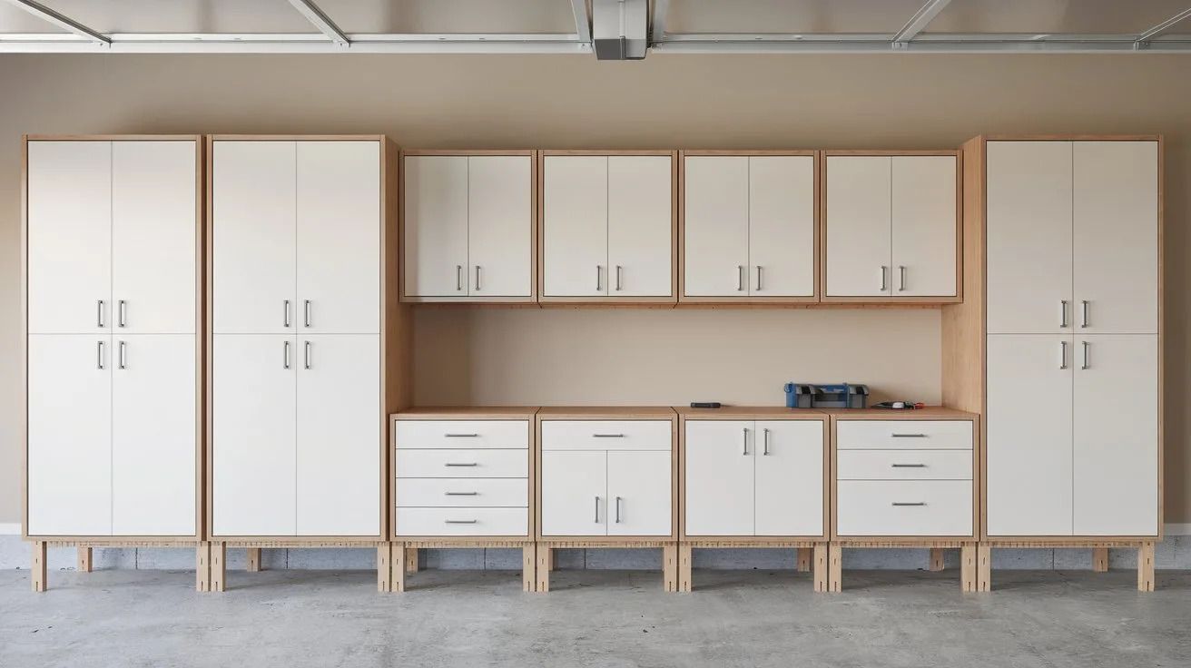 A garage with several white cabinets along the wall. The cabinets have doors of varying heights, some with knobs and others with pulls. The cabinets are mounted on a wooden frame. The floor is concrete. There is a workbench near the cabinets, with a few tools placed on it. The wall behind the cabinets is painted beige.