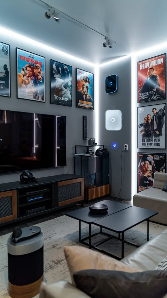 A modern man cave with smart home integration. There's a large screen TV with a gaming console and a VR headset. There's a voice-controlled assistant on a stand. The room has smart lighting with a dimmer switch. The walls are covered with movie posters. There's a comfortable sofa and a coffee table.