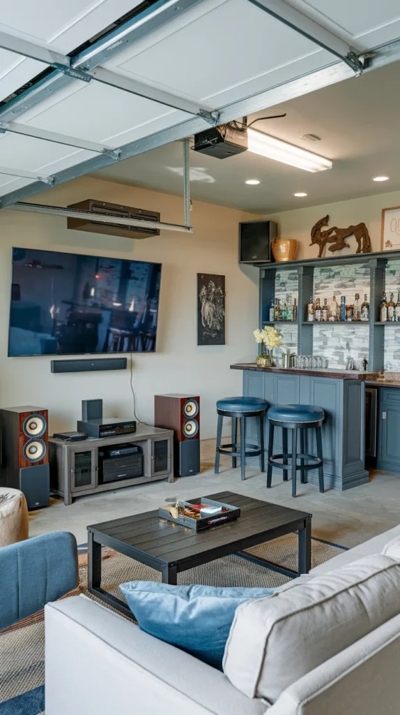 A photo of a garage converted into a stylish entertainment center. A large flat-screen TV is mounted on the wall. Surround sound speakers are placed strategically. A mini bar with stools is in the corner. A game console setup is near the bar. The room has a few pieces of furniture, including a sofa and a coffee table. The walls have a few decorations.