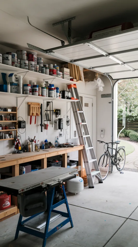 A photo of a garage converted into a work and hobby space. There's a workbench along one wall with various tools and materials. Above the workbench, there's a shelf filled with paint cans, brushes, and other painting supplies. A ladder leans against the wall beside the shelf. A table saw is on the floor near the workbench. A bicycle is parked near the door. There's a propane tank near the bicycle. The garage door is open, revealing a driveway outside.