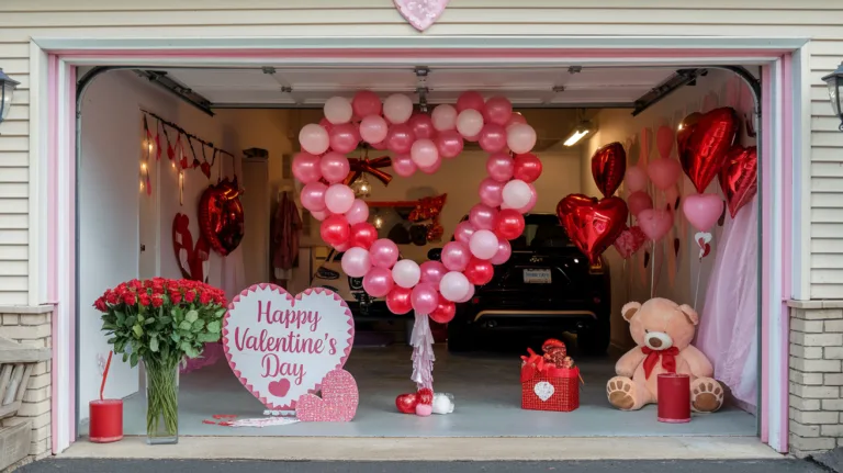 A photo of a garage decorated for Valentine's Day. There is a heart-shaped balloon arch and a "Happy Valentine's Day" sign. There are also red roses in a vase, a teddy bear, and a box of chocolates. The garage has a pink and red theme.