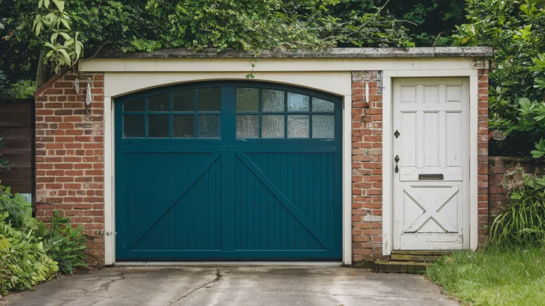 A photo of a garage door with a wooden door next to it. The garage door has a large window and is painted a deep blue. The wooden door is painted white and has a few scratches. The garage door and wooden door are attached to a brick wall. There is a concrete path leading to the garage door. The background is lush with greenery.