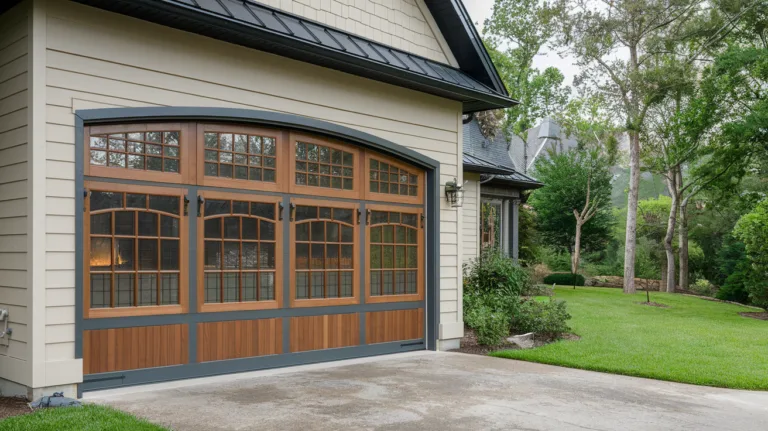 A photo of a garage door with large windows, made of glass and wood. The garage door is painted in a dark gray color and has vertical wooden slats. The windows have a grid pattern and are made of glass. The garage door is attached to a house with a beige exterior and a black roof. The house is surrounded by a lawn with green grass and a few trees.