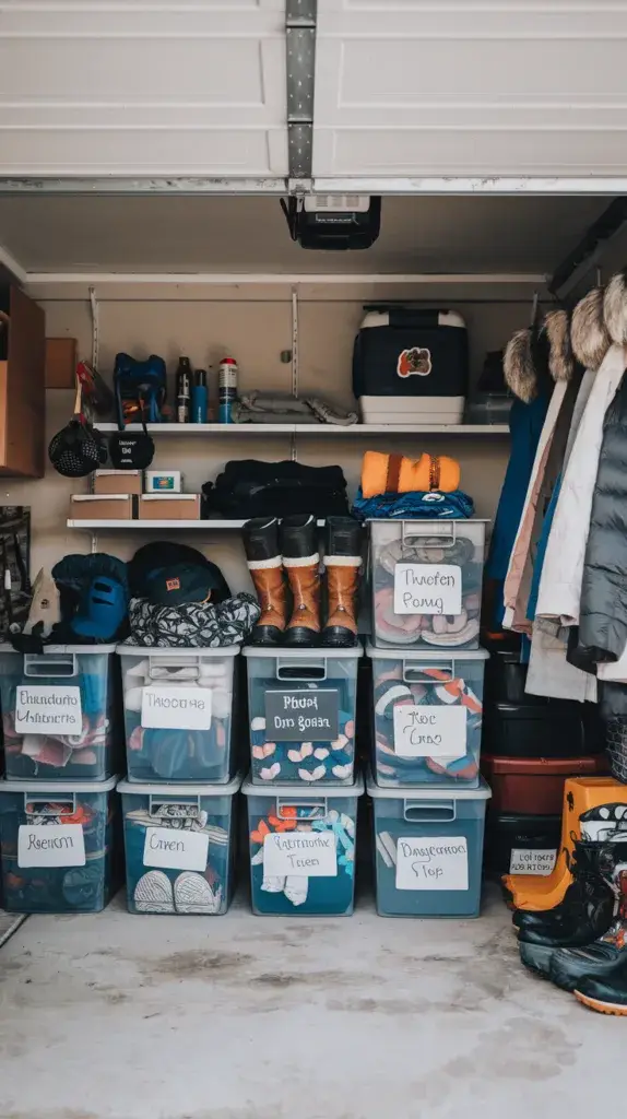 A photo of a garage storage with labeled containers. There are various winter clothes, boots, and gear stored in the containers. The containers are labeled with the contents inside. There are also a few winter coats hanging on a rack. The garage has a concrete floor and the walls have a few items hung on them.