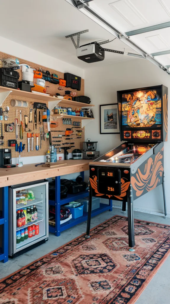 A photo of a garage that has been redesigned as a hobbyist's dream space. There's a workbench along one wall, filled with tools that are neatly organized on a pegboard above it. Along another wall, there's a vintage pinball machine with a glossy black and orange design. A small fridge stocked with drinks is located in the corner. The floor is covered with a patterned rug.