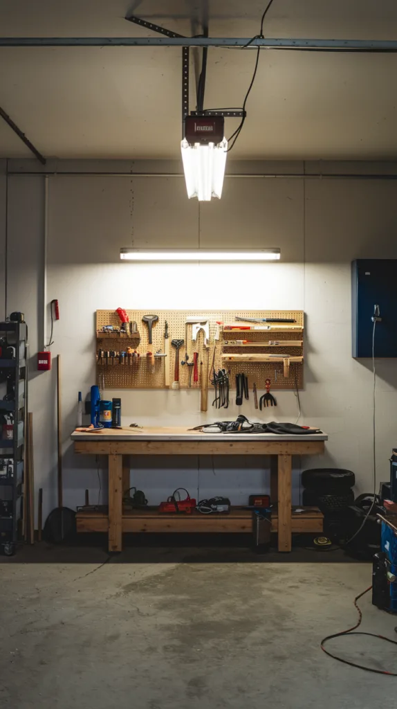 A photo of a garage with a workbench against the wall, a tool rack, and a few tools scattered about. The lighting is from a hanging fluorescent light fixture. The floor is concrete.