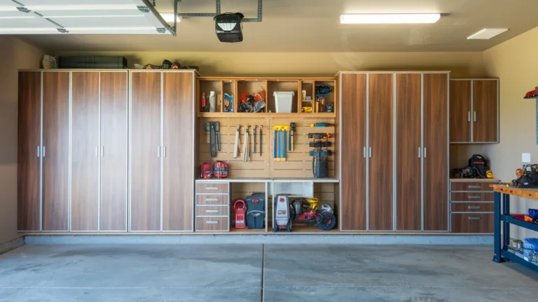 A photo of a garage with built-in cabinets. The cabinets have a wood finish and are mounted on the wall. There is a variety of tools and equipment stored in the cabinets. The garage has a concrete floor and the walls are painted beige. There is a workbench near the cabinets.