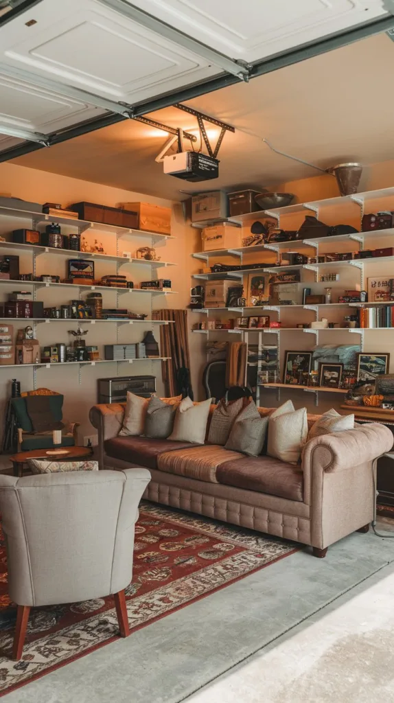 A photo of a garage with comfortable seating and a cozy atmosphere. There is a large plush sofa and a few chairs. The walls are adorned with shelves filled with various items. There is a small table near the sofa. The floor is covered with a patterned rug. The lighting is warm.