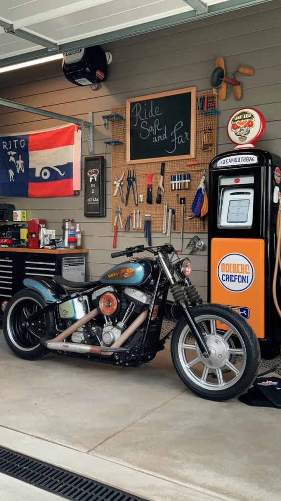 A photo of a garage with decorative elements. There's a motorcycle with a custom paint job and various tools hanging on the wall. The garage has a personal touch with a chalkboard that says "Ride safe and far". There's also a vintage gas pump and a racing flag. The floor is concrete.