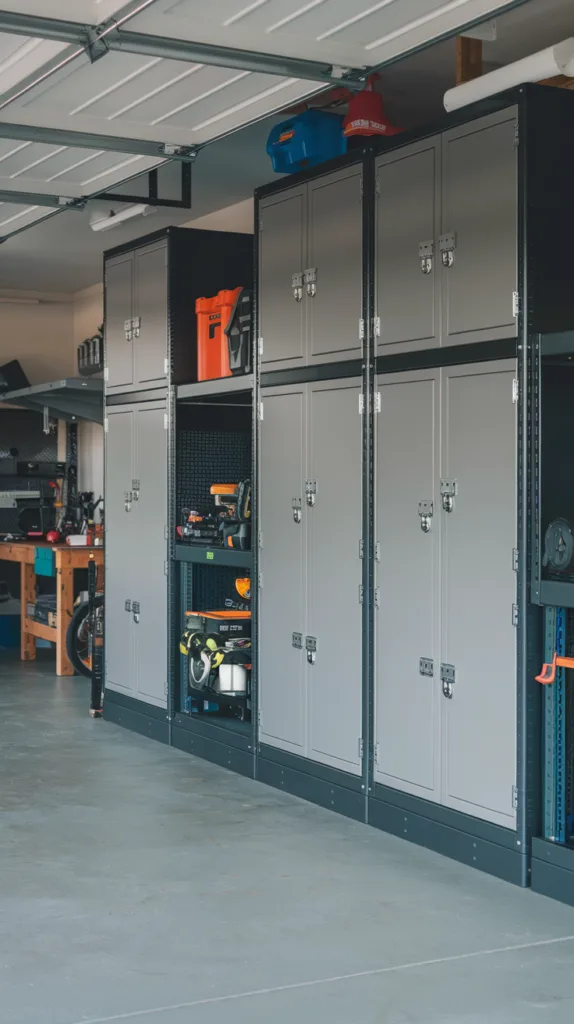 A photo of a garage with multiple storage cabinets. The cabinets have locking mechanisms and are painted grey. There are various tools and equipment stored inside the cabinets. The garage floor is painted with a concrete finish. The background contains a workbench and a bicycle.