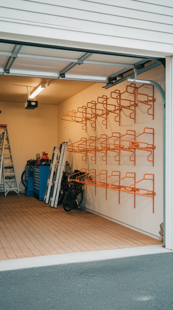 A photo of a garage with wall-mounted bike racks. The racks are made of metal and are painted orange. There are multiple bikes hanging from the racks. The garage has a wooden floor and the walls are painted white. There is a toolbox and a ladder leaning against the wall. The garage door is open, revealing a driveway.