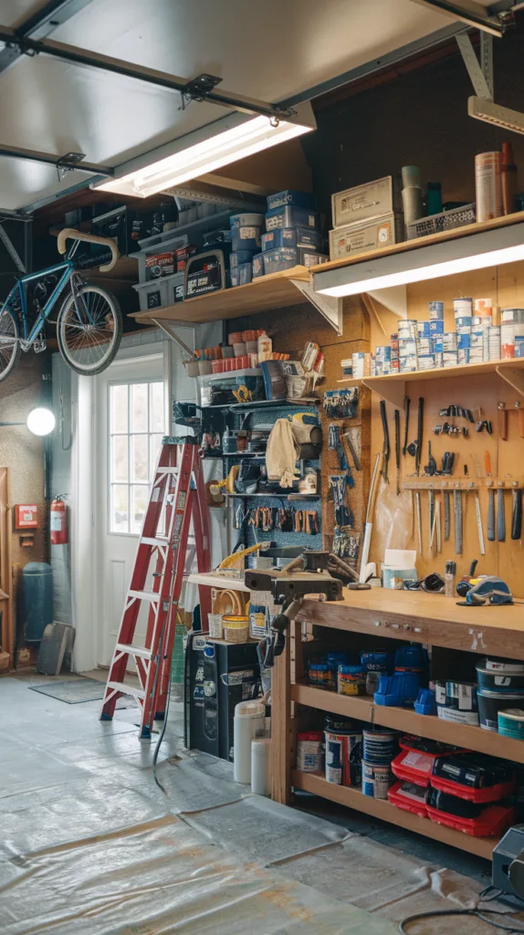 A photo of a garage workshop filled with various tools and equipment. There's a workbench with a vise and a few tools. There's a bike hanging from the ceiling. There are shelves filled with tools, paint cans, and other supplies. There's a ladder leaning against the wall. The floor is covered with a tarp. The walls have a few hooks holding up a light and a fire extinguisher. There's a door leading outside. The lighting is bright.