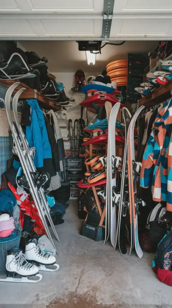 A photo of a messy garage filled with winter items. There are multiple sleds, skis, snowshoes, and ice skates stacked on top of each other. There are also various winter clothing items, such as coats, hats, and gloves, scattered around the garage. The floor is covered with a thick layer of dust.