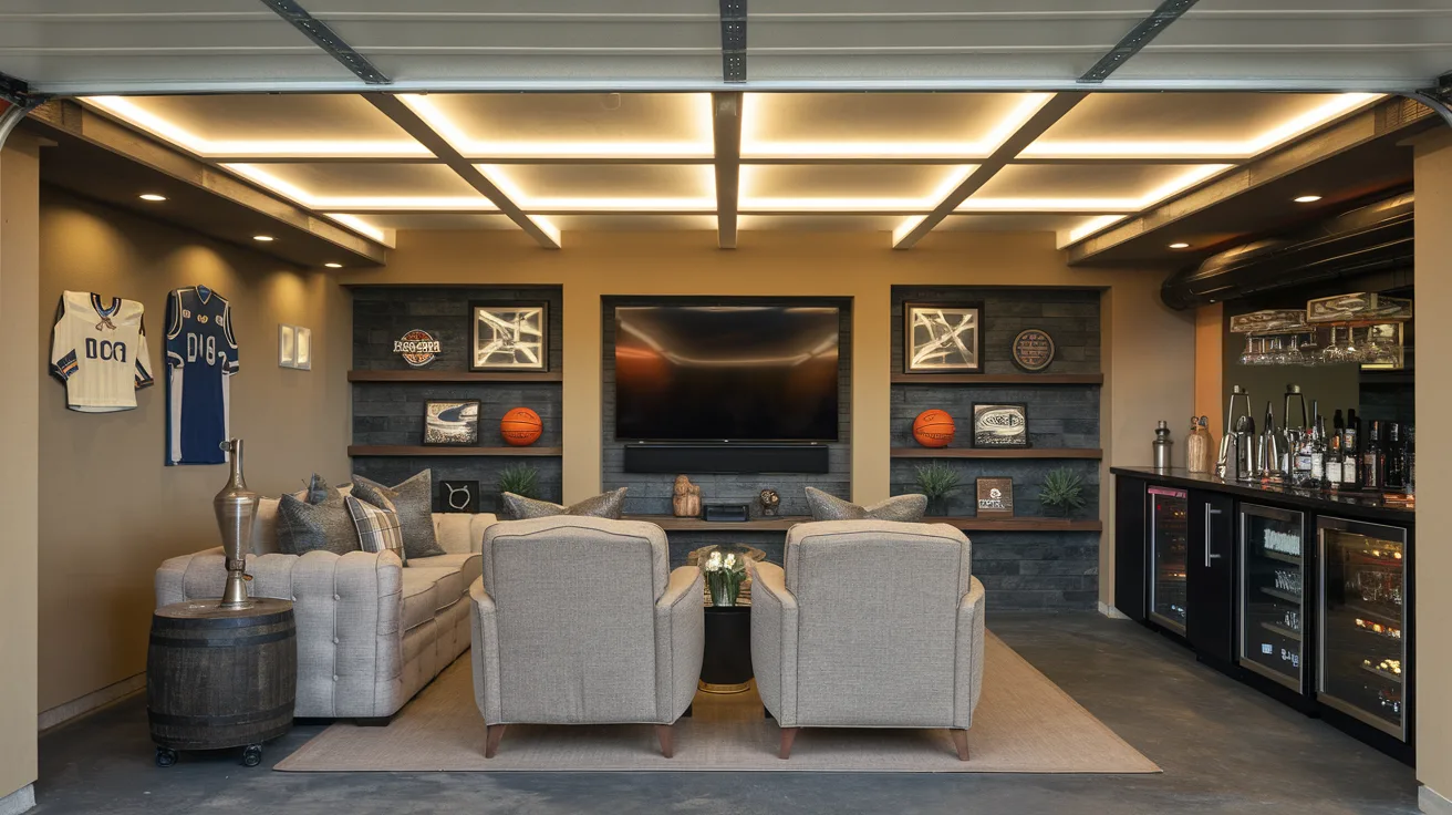 A high-resolution image of a modern man cave setup within a two-car garage. There's a large-screen TV mounted on the wall, with comfortable seating in the form of a sofa and a couple of armchairs. There's a mini bar with a few bottles and glasses. The walls are decorated with sports memorabilia. The space is illuminated with ambient lighting. The color palette is masculine and sophisticated, with shades of grey, black, and beige.