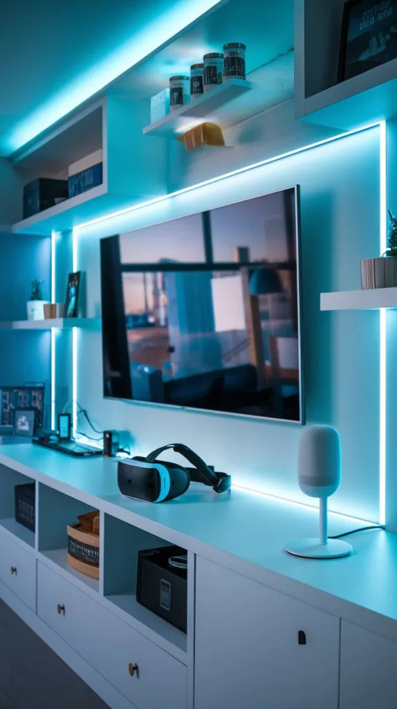 A photo of a modern man cave with smart home integration. There's a large screen TV mounted on the wall and a high-tech gaming setup with a VR headset. There's a voice-controlled assistant on a stand. The room has smart lighting. The walls have shelves with various items.