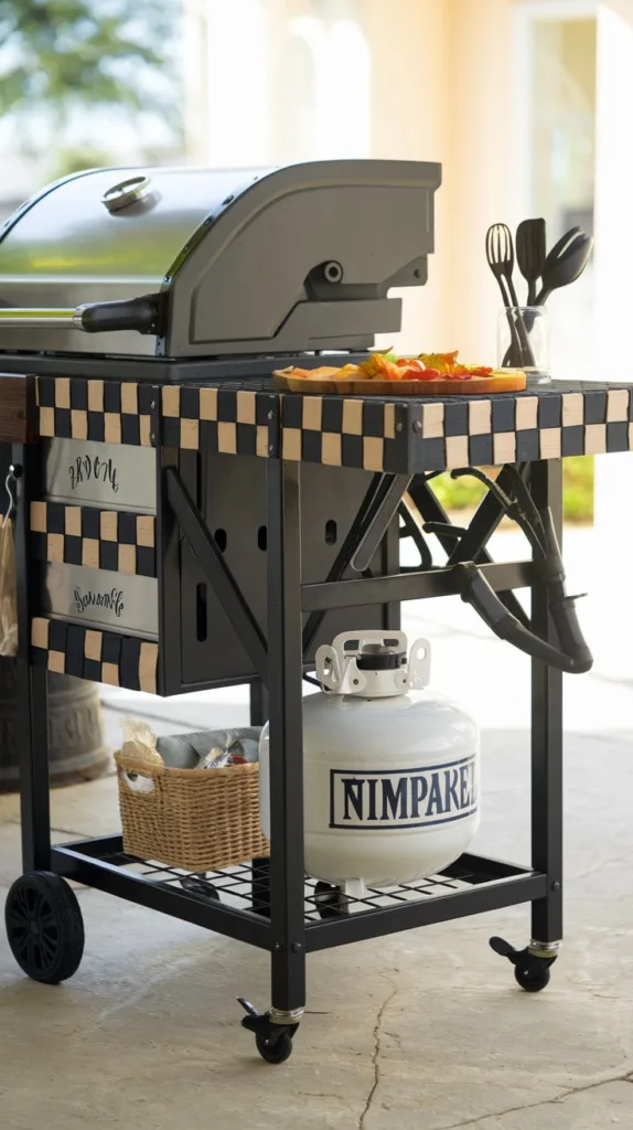 A photo of a personalized grill cart. The cart is made of metal and has a black and beige checkered board design. There's a grill, utensils, and a propane tank on the cart. The background is a well-lit outdoor area.