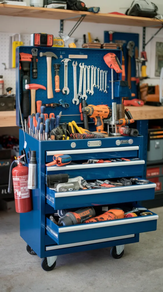 A photo of a rolling tool chest in a garage. The chest is filled with various tools, including hammers, wrenches, and screwdrivers. There are also power tools, such as a drill and a circular saw. The chest has a few drawers, each filled with different tools. The background contains a workbench, shelves, and some additional tools. There are also some objects, such as a flashlight and a fire extinguisher, attached to the chest.