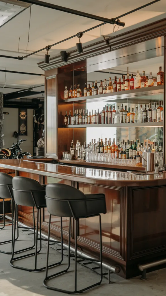 A photo of a sleek bar and beverage station in a garage man cave. The bar has a polished wooden counter and is stocked with a selection of spirits neatly organized on shelves. There are stylish bar stools and accent lighting. The background contains a few items, including a motorcycle and a statue.