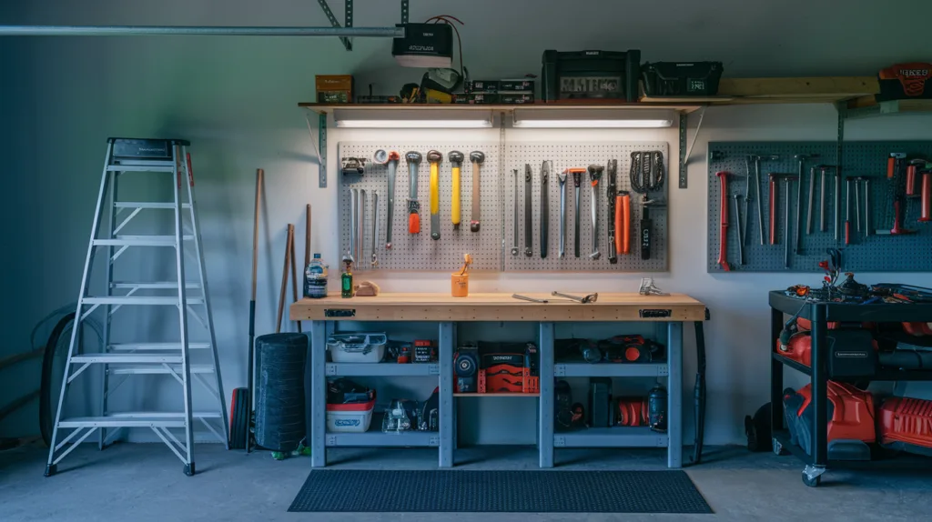 A photo of a well-lit garage with a variety of tools and equipment. There's a workbench against the wall with a few items, including a wrench and a hammer. There's also a ladder against the wall, with a storage shelf above. The floor is covered with a mat. The lighting is bright and even, casting sharp shadows.