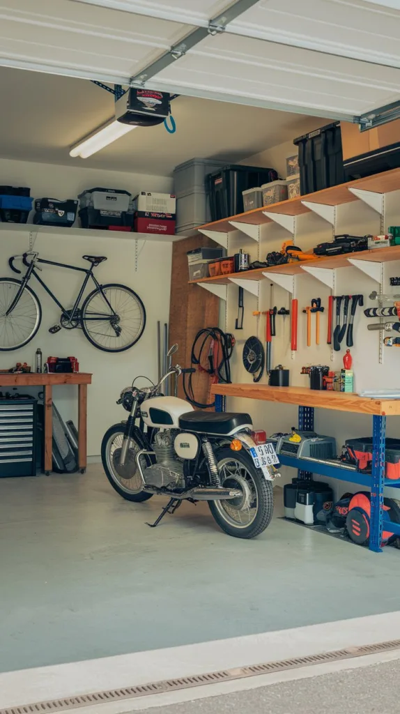 A photo of a well-organized garage with tools and equipment on shelves. There's a motorcycle in the middle of the garage. A bicycle is hanging on the wall. A workbench is against one wall, with a few items on top. The floor is clean and swept.