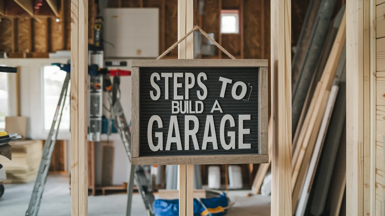 A photo of the steps to build a garage. There's a wooden frame with a sign that says "Steps to Build a Garage". The background contains construction tools and materials.