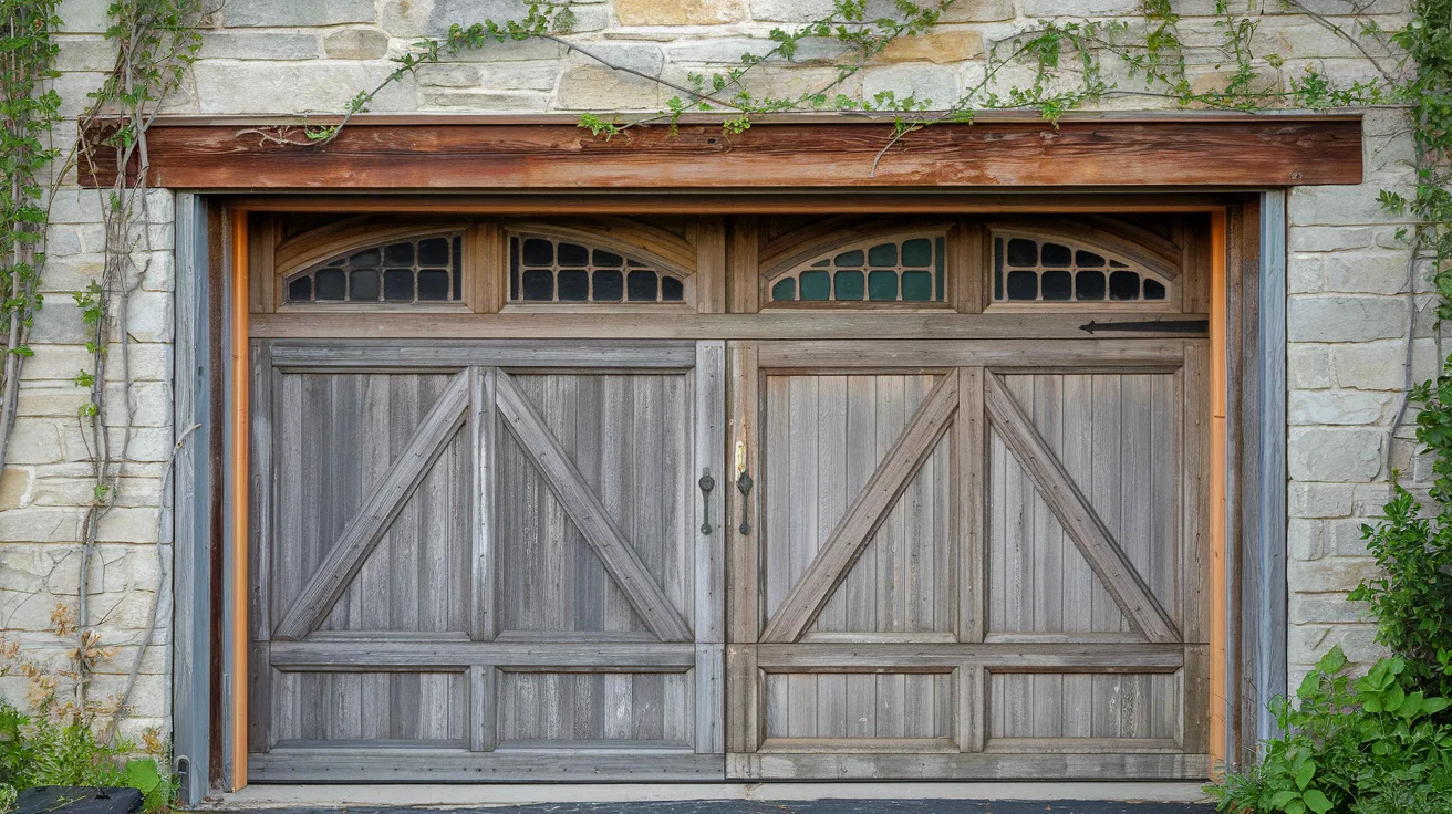 a post with the title "34 Stunning Garage Door Aesthetic Ideas to Transform Your Home". The domain name is Garageutopia.com. The image shows a rustic garage door with a wooden frame and a weathered finish. The door has a few visible nails and a handle on the top right. The background is a stone wall with greenery growing from the cracks.