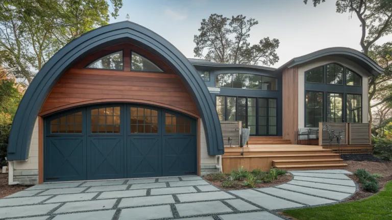 A pinterest pin image of a modern home with a stylish arched garage door. The garage door is made of wood and has a dark blue color. The arched design adds a unique touch to the home's exterior. The home also has large windows, a wooden deck, and a stone pathway leading to the entrance. The background contains trees and the sky.