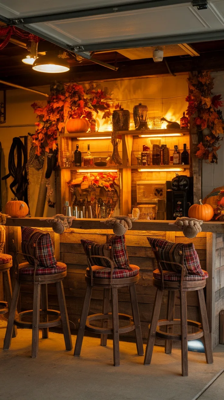 Cozy fall garage bar setup with warm lighting, plaid accents, and rustic barware.