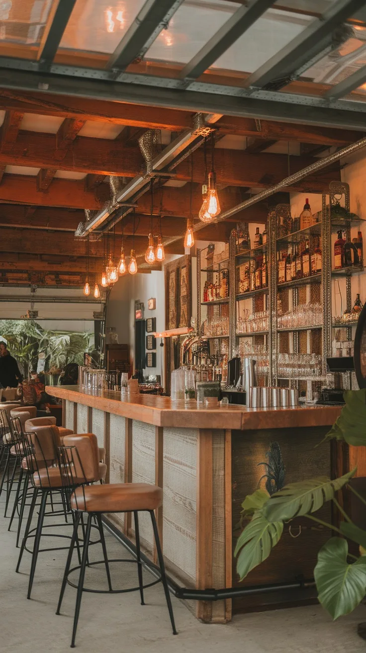 A cozy farmhouse-style garage bar featuring a wooden beam ceiling, Edison bulb lighting, and a wooden bar with stools.