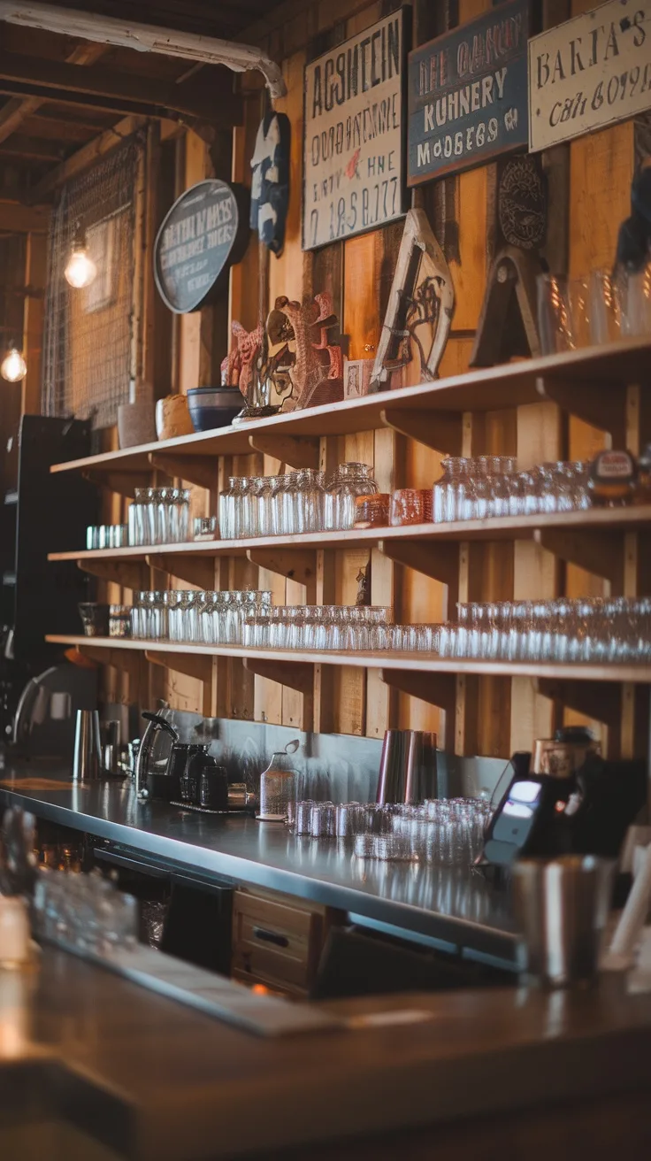 Farmhouse-style garage bar with open shelving displaying mason jar glasses and vintage signs