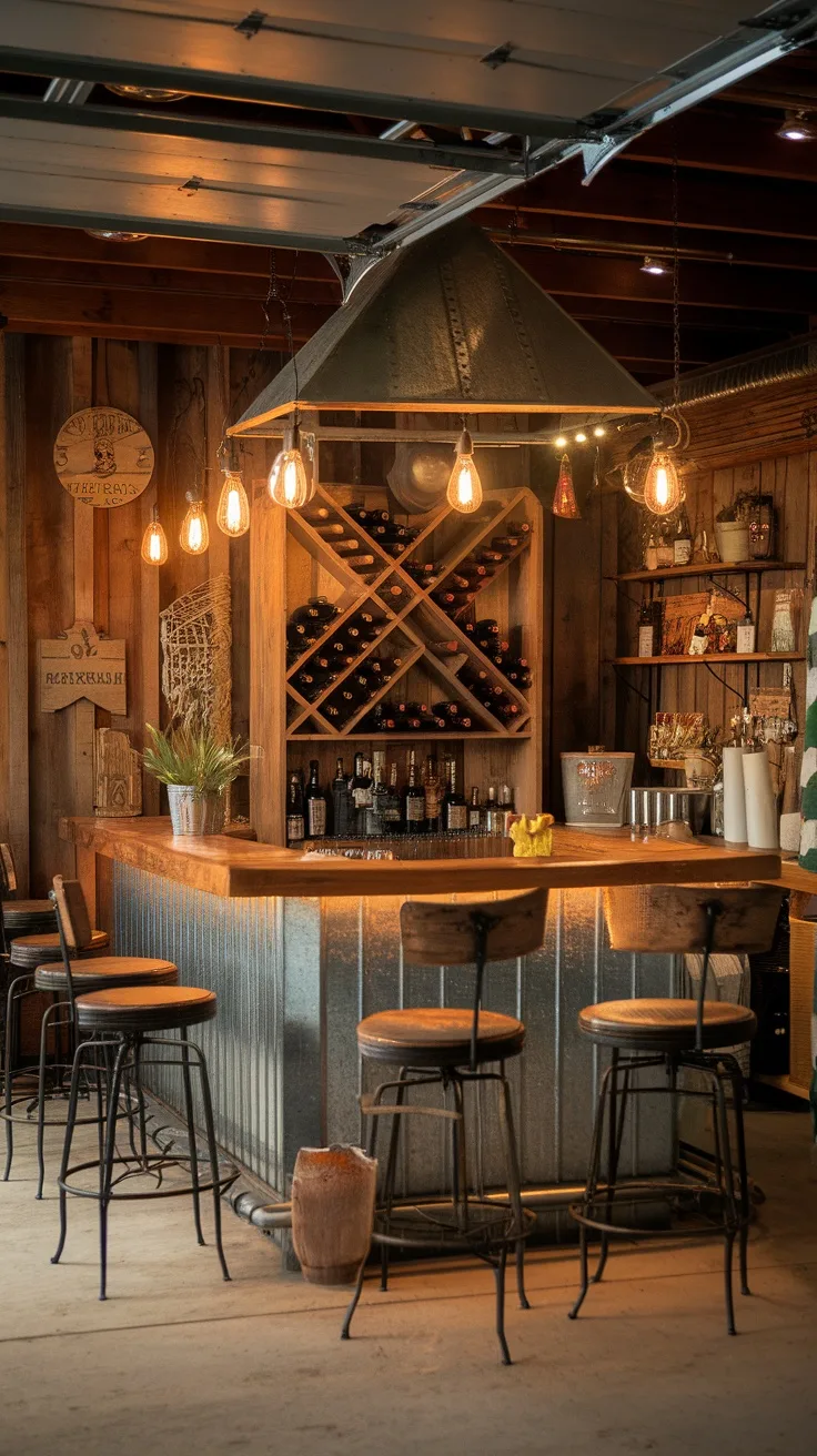 A cozy farmhouse-themed garage bar featuring galvanized steel accents, wooden wine rack, and warm lighting.